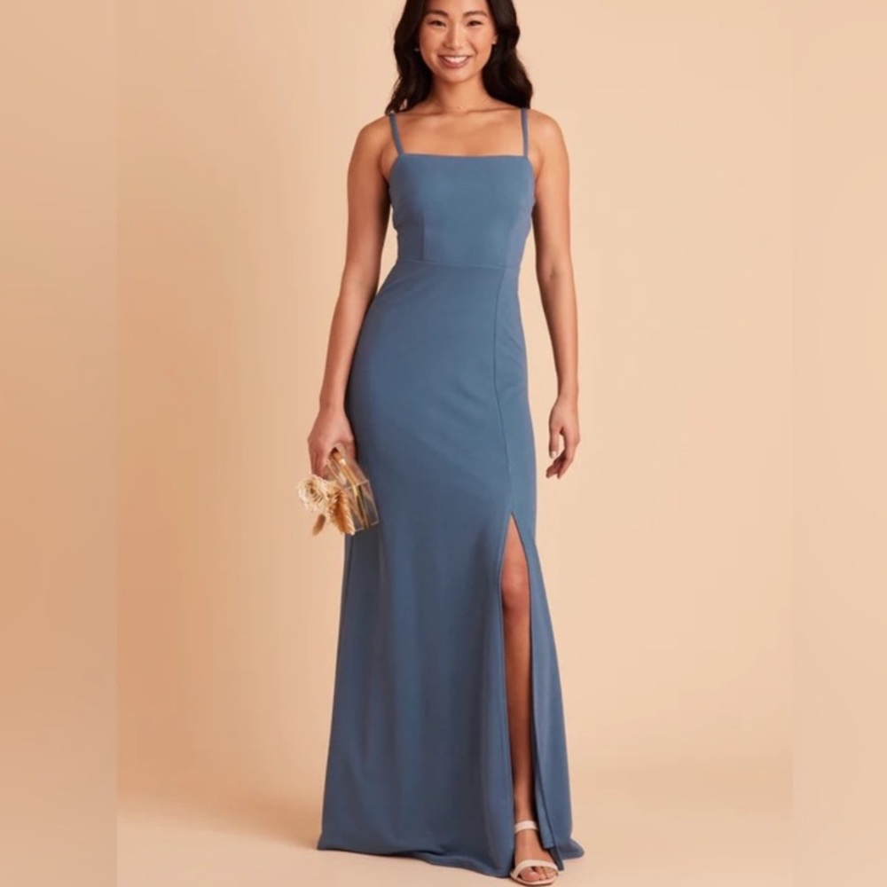 Birdy Grey XS Benny Maxi Dress Crepe Twilight Blue Back Bow Cutout Slit Cut